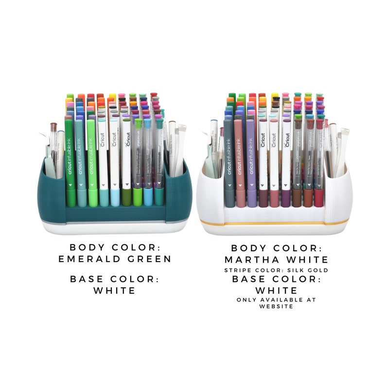 May include: Two pen holders filled with colourful pens and markers. One holder is emerald green with a white base, the other is white with a gold stripe and white base. The image text says "Cricut infusible ink".