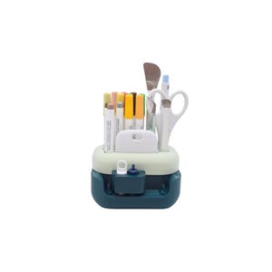 May include: A teal and light green craft organizer filled with various art supplies. The organizer contains markers, scissors, a spatula, and a small white tool. The supplies are neatly arranged, suggesting a focus on organization and creativity.