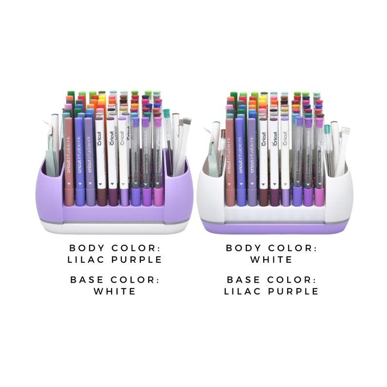 May include: Two pen organisers, one lilac purple and one white, each filled with colourful pens and tools. The lilac organiser has a white base, and the white organiser has a lilac purple base. Text on the image reads: Body Color: Lilac Purple, Base Color: White.