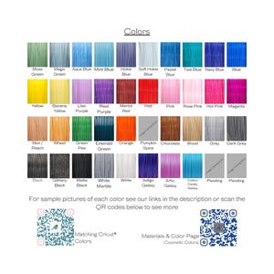 May include: A color chart featuring a variety of hues, including greens, blues, purples, reds, and pinks. The chart includes color names like "Moss Green," "Aqua Blue," and "Hot Pink." QR codes and text are also present.