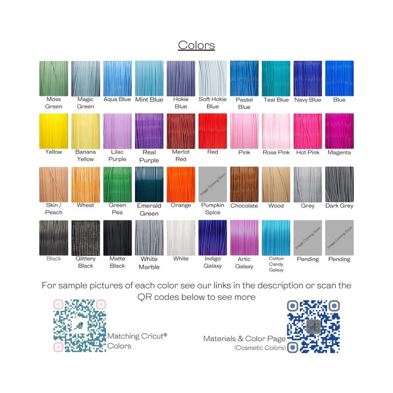 May include: A color chart featuring a variety of hues, including greens, blues, purples, reds, and pinks. The chart includes color names like "Moss Green," "Aqua Blue," and "Hot Pink." QR codes and text are also present.