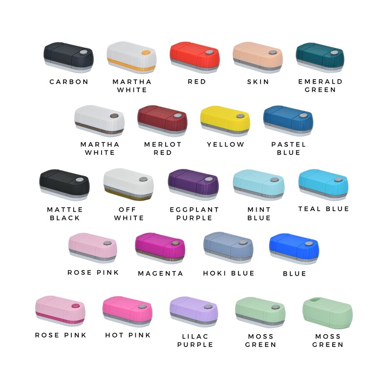 May include: A collection of small, rectangular crafting machines in various colors, including black, white, red, and green. Each machine has a rounded top and a contrasting colored base. Text labels identify each color, such as "Carbon" and "Rose Pink."