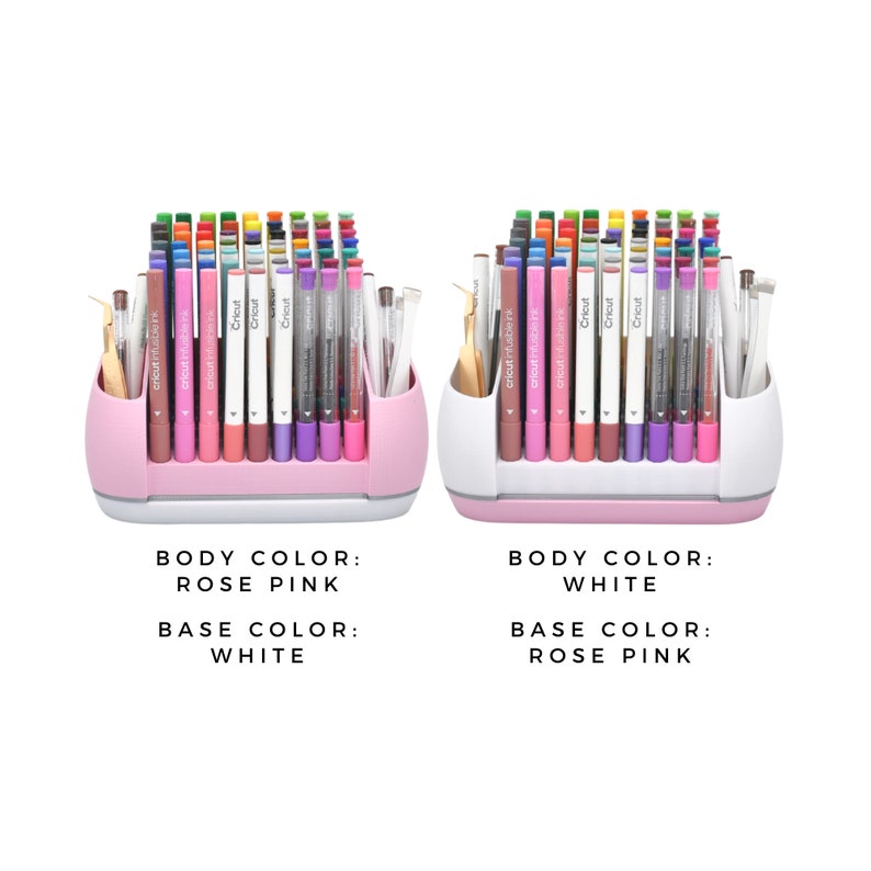 May include: Two pen organisers, one rose pink and one white, each filled with colourful pens and markers. The text on the image reads "BODY COLOUR: ROSE PINK, BASE COLOUR: WHITE" and "BODY COLOUR: WHITE, BASE COLOUR: ROSE PINK".