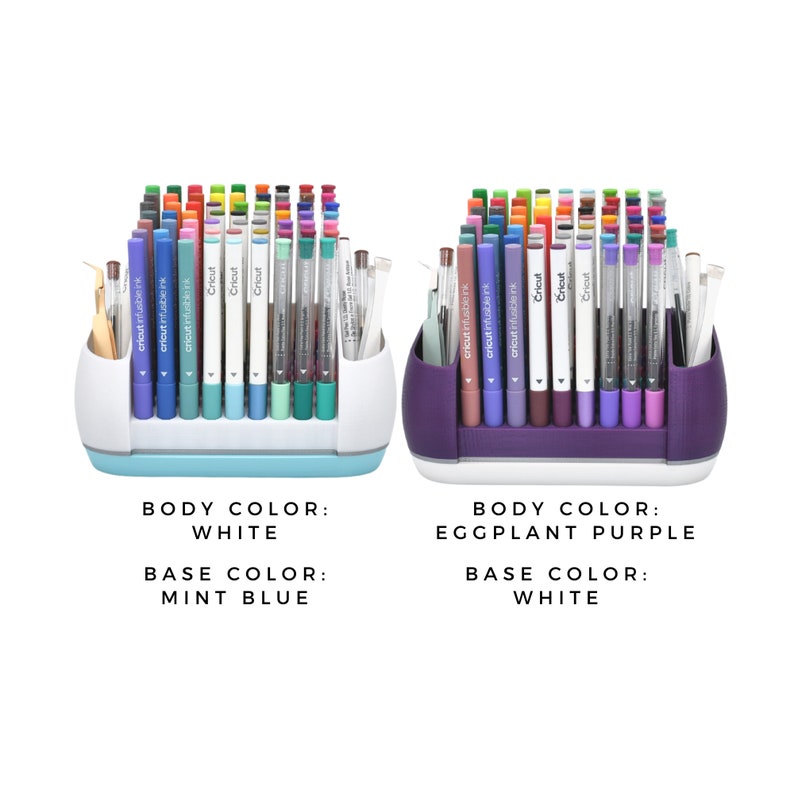 May include: Two pen holders, one white with a mint blue base and the other eggplant purple with a white base, each filled with colourful pens and tools. The text on the image reads "BODY COLOR: WHITE, BASE COLOR: MINT BLUE" and "BODY COLOR: EGGPLANT PURPLE, BASE COLOR: WHITE."