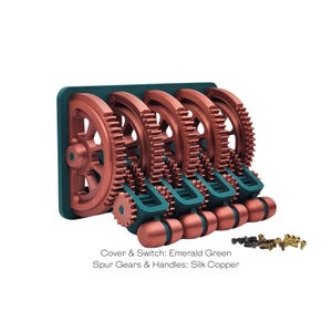 Rocker CUSTOM Quad Mechanical Spur Geared Steampunk Light Switch Assembly®/33 Gears,4 Levers,2-Piece Handles & Cover/3D Printed Light Switch