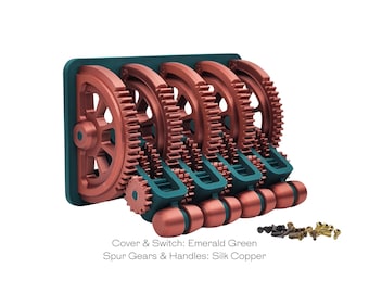Rocker CUSTOM Quad Mechanical Spur Geared Steampunk Light Switch Assembly®/33 Gears,4 Levers,2-Piece Handles & Cover/3D Printed Light Switch