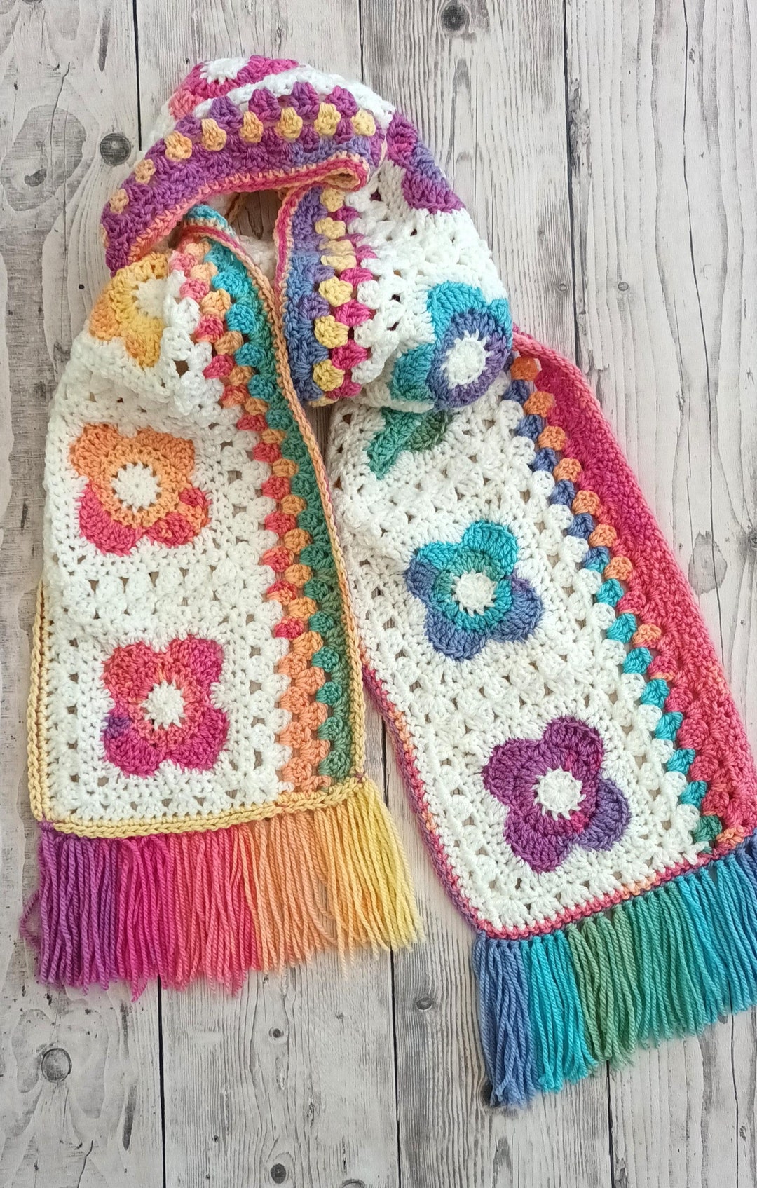 Orla Kiely Inspired Crochet Scarf / Orla Kiely Flowers Scarf/ Rainbow ...