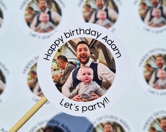Personalised photo stickers, custom text labels, your photo, your text, gloss, business, circular, birthday, hen do, party, wedding, favour