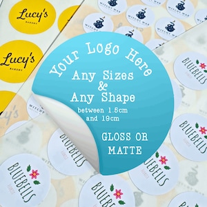 Custom labels, personalised stickers, circle, circular, logo, business, postal, your logo, custom writing, square, custom shape