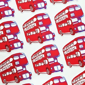 May include: Multiple red double-decker bus stickers with the word "LONDON" and the number "20" printed on them. The stickers are on a white background.