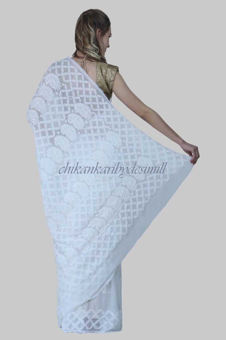 Pure White Chikankari lucknowi saree with elegant hand embroidery all over