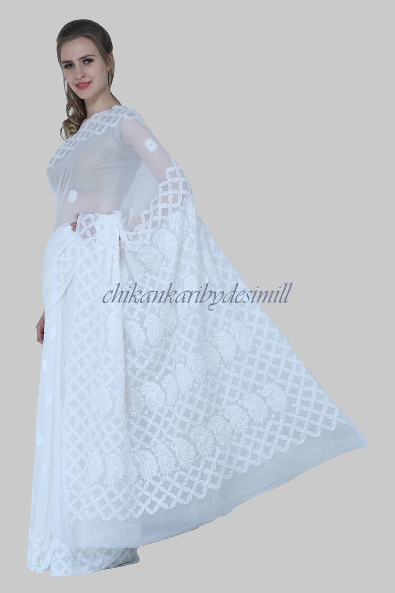 Pure White Chikankari lucknowi saree with elegant hand embroidery all over