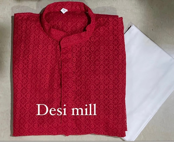 Men s Kurta Pajama Set With Lucknow Chikankari Front and Back