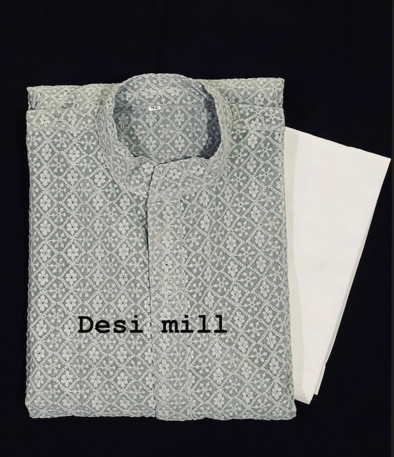 Men s Kurta Pajama Set With Lucknow Chikankari Front and Back