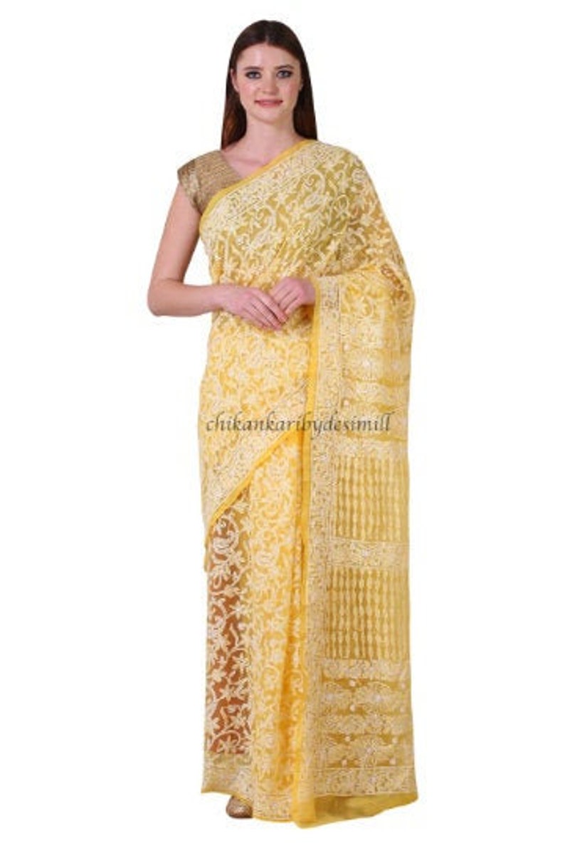 Lucknowi Chikankari Hand Embroidered Saree / Wedding Saree / Etsy