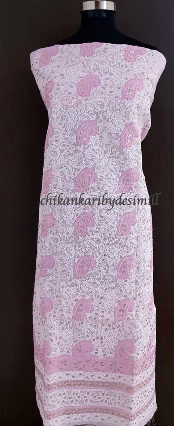 Off-White / Red Lucknowi Chikan Embroidery Kora Cotton Fabric | Saroj  Fabrics