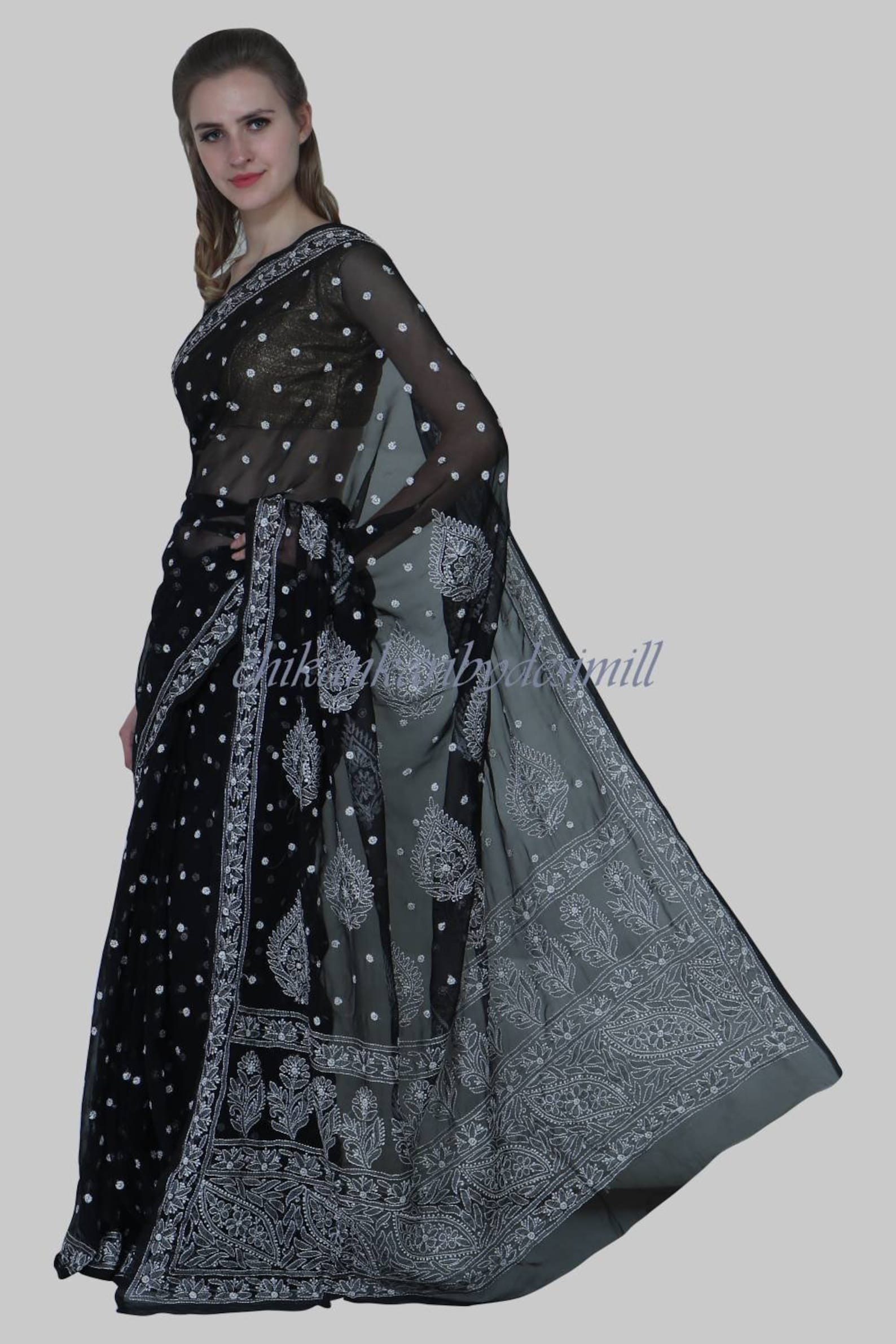 Black and Red Georgette chikankari Saree