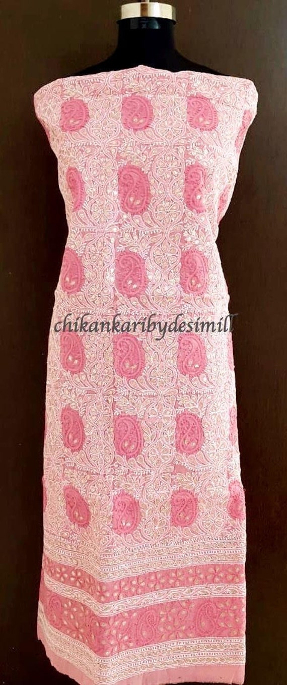 Lucknowi Chikankari Unstitched Yellow Cotton Kurti Fabric
