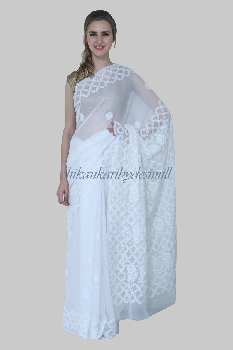 Pure White Chikankari lucknowi saree with elegant hand embroidery all over
