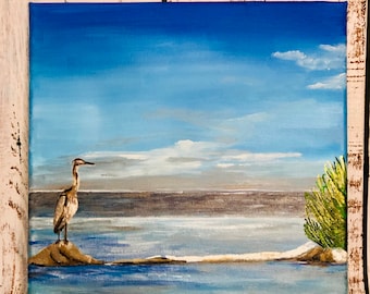 Blue Heron Acrylic Painting: 12”x12” Hand-painted