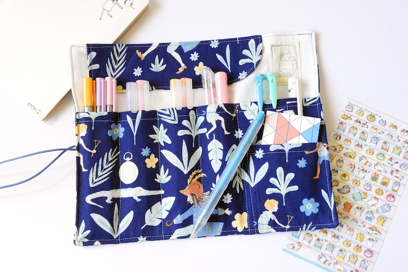 fountain pen roll Peter Pan fabric pencil case Fairy Tale pen roll-Navy Roll up pencil case