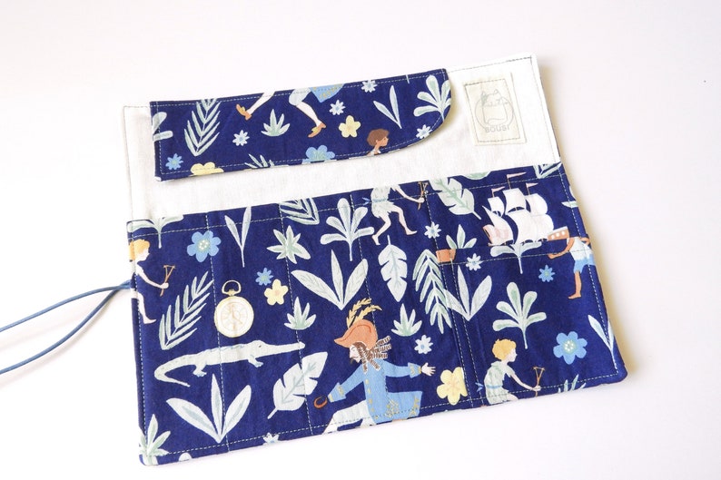 fountain pen roll Peter Pan fabric pencil case Fairy Tale pen roll-Navy Roll up pencil case