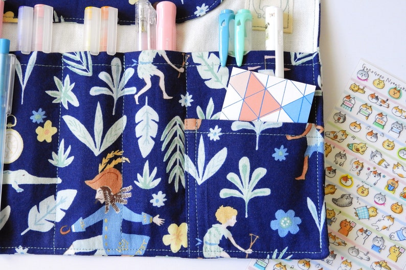 fountain pen roll Peter Pan fabric pencil case Fairy Tale pen roll-Navy Roll up pencil case