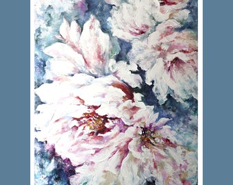 Abstract Large White Peonies Wall Art, Original Paintings Flowers on Canvas, 32x24"
