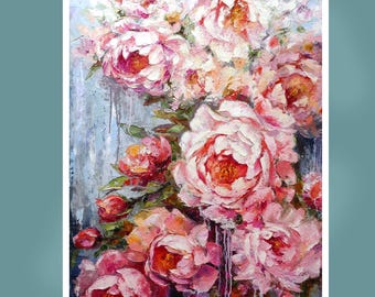 Modern Abstract White Pink Peonies Wall Art, Original Oil Painting Flowers on canvas