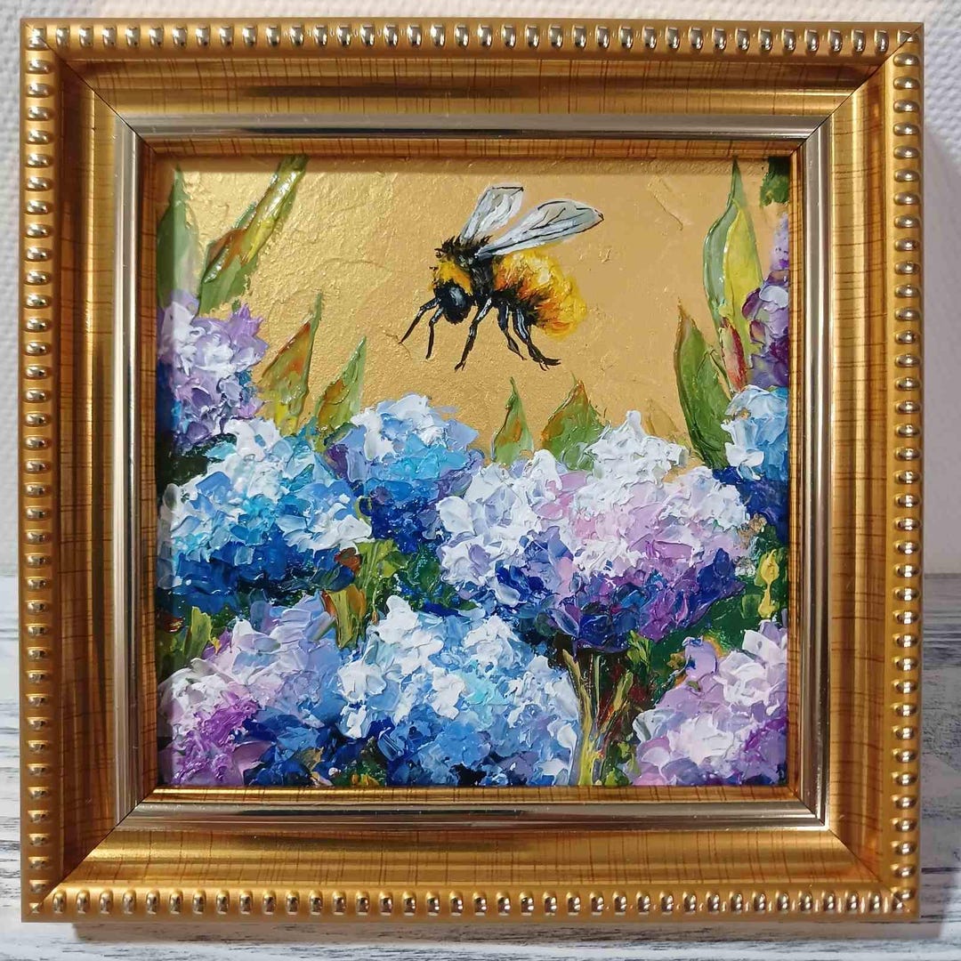 Honeybee Bee Painting Hydrangea Wall Art Small Framed Original Oil ...