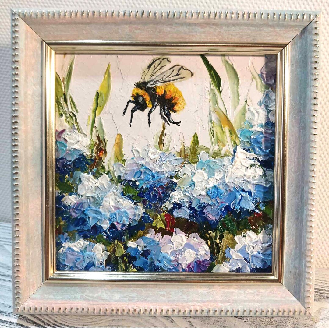 Honey Bee Painting Hydrangea Floral Wall Art Small Framed Original Oil ...