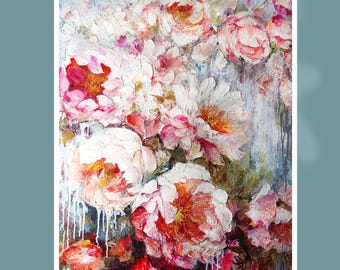 Modern Large White Pink Peonies Wall Art, Original Oil Painting Flowers on canvas