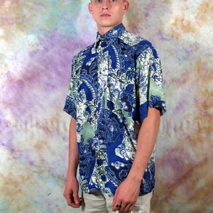 Vintage Menu0027s Abstract Multicolor Shirt 90s 80s Retro Size L Blue 