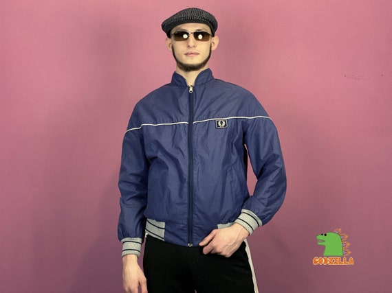 90's Fred Perry Vintage Men's Blue and Gray Reversible Jacket Retro Bomber