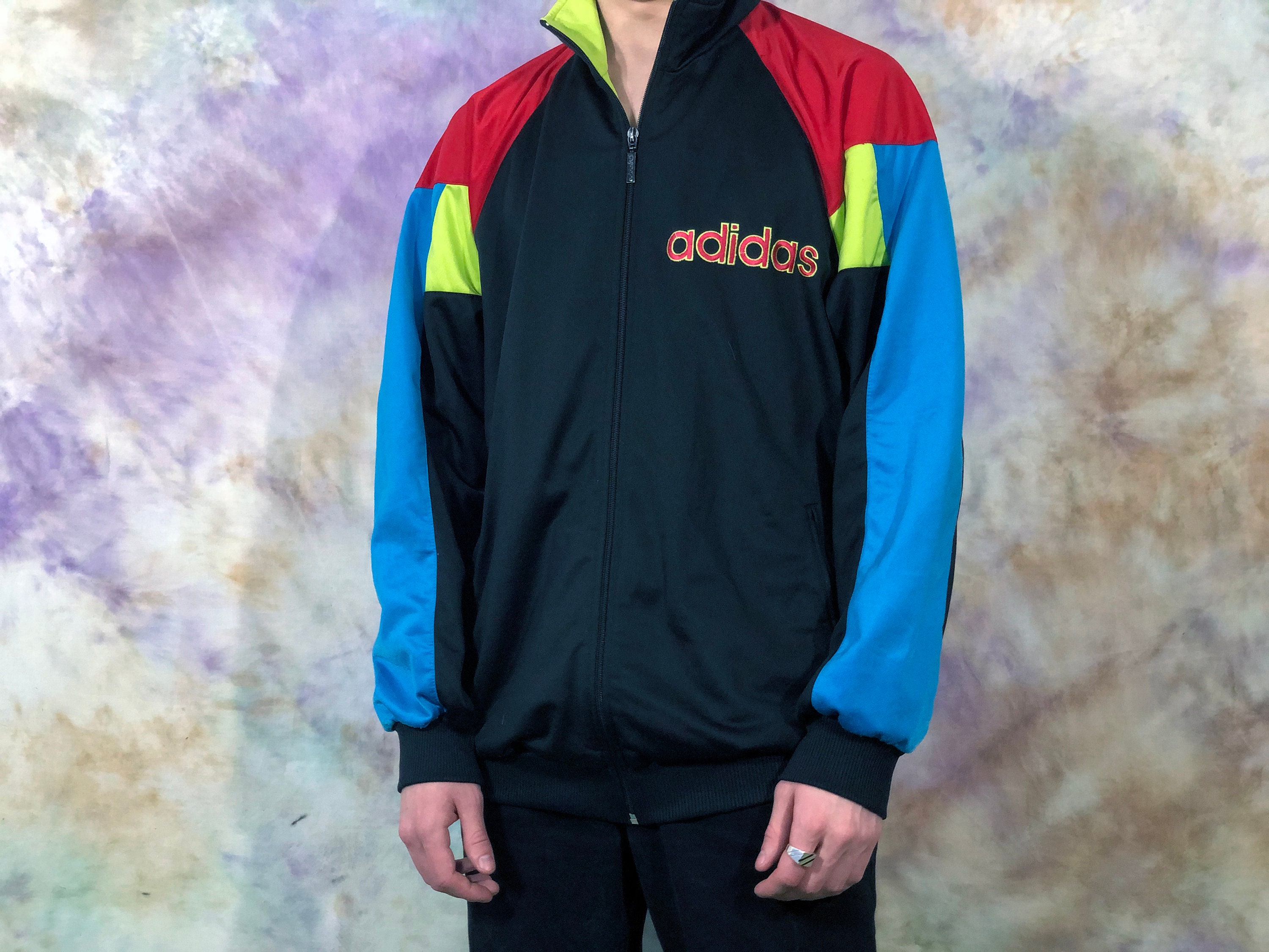 90s Vintage Adidas Men's Black Multicolor Track Jacket Etsy