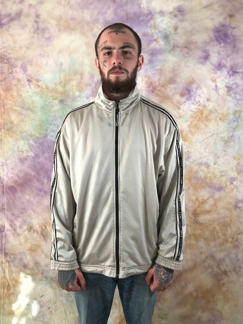 Lotto Vintage Men/'s Gray Black Track jacket 90s 80s Retro Full ZIp Side Tape Logo Rave Jacket Track Top Size M