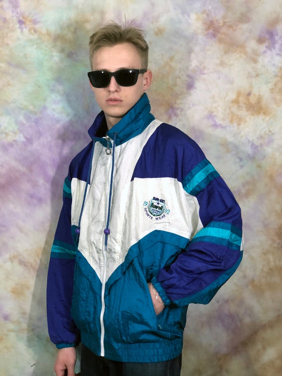 90s Vintage Men's Blue and White Windbreaker Retro Ski Jacket