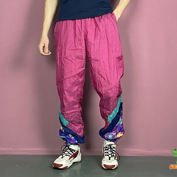 90s Vintage Men's Pink Track Pants Retro Multicolor Rave Nylon Pants