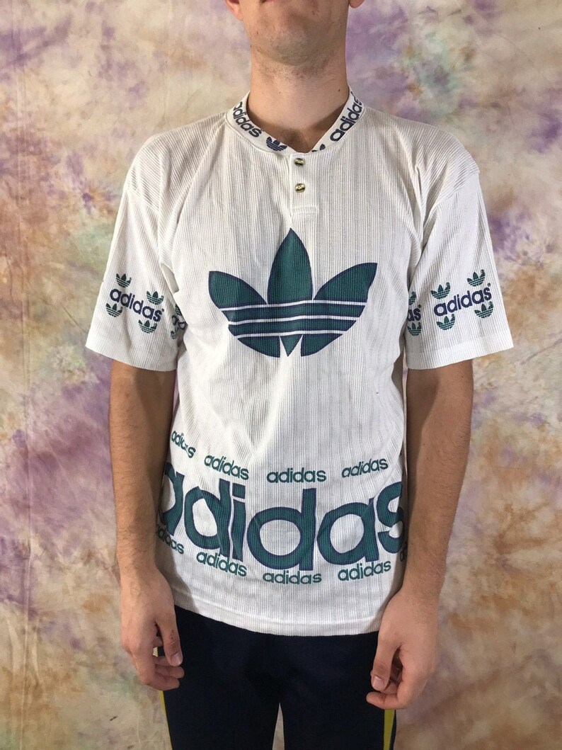 Vintage Adidas White Blue Big Logo Men S T Shirt 90s 80s Etsy