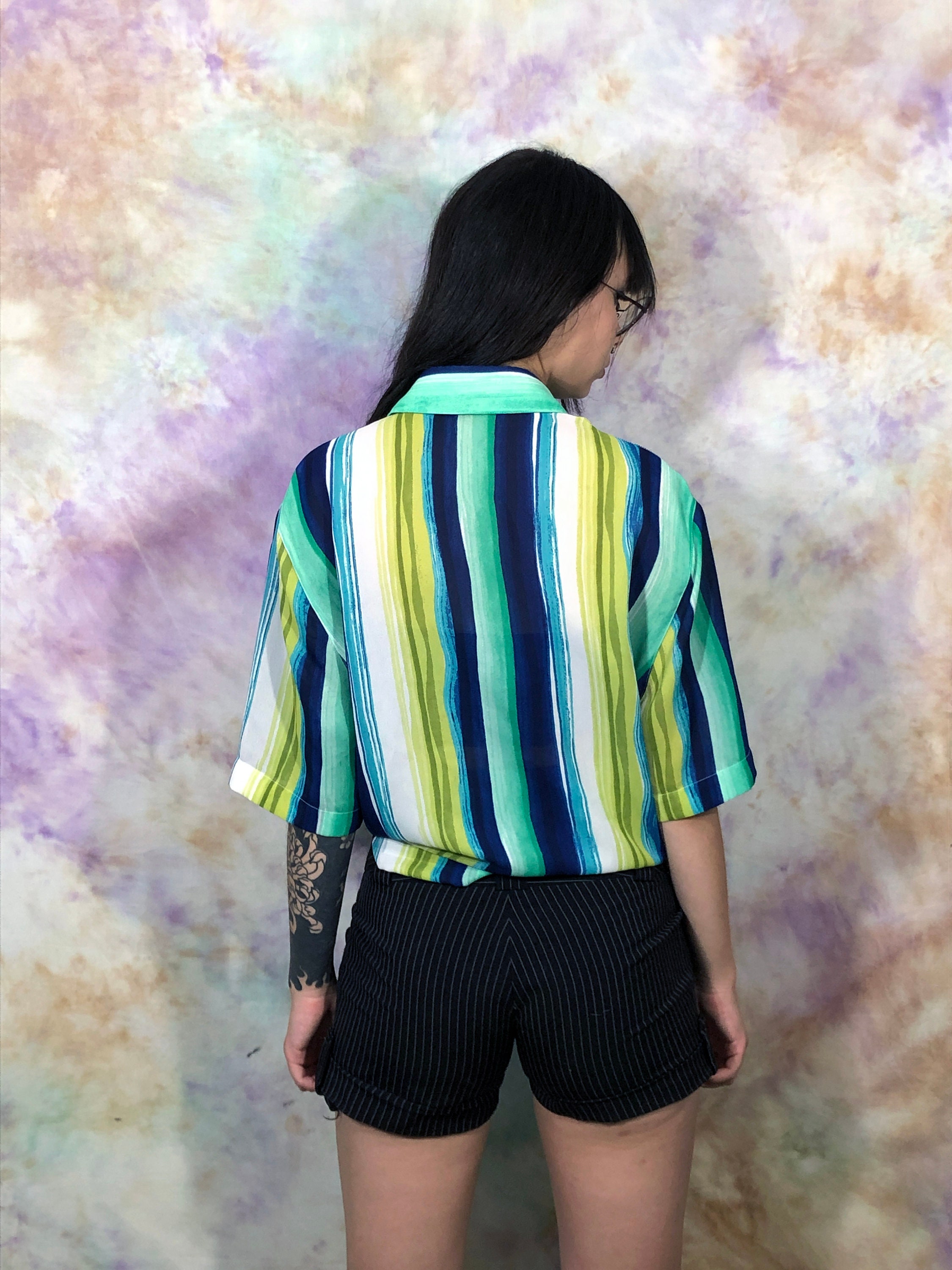 90s Vintage Ara Women's Blue and Green Striped Shirt Retro Etsy
