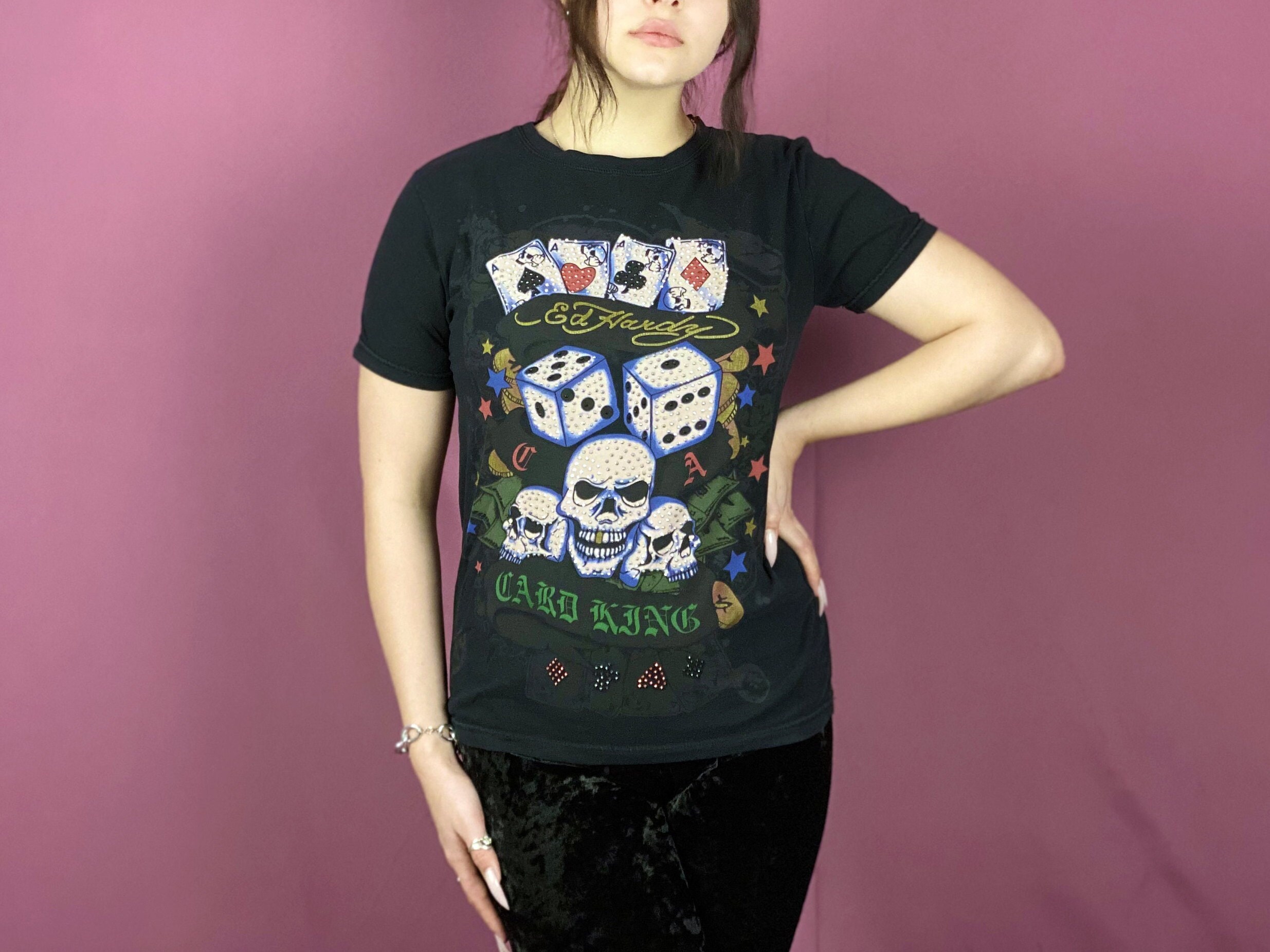 Ed Hardy Vintage Women's Black Big Logo Skeleton T-Shirt Retro Tee