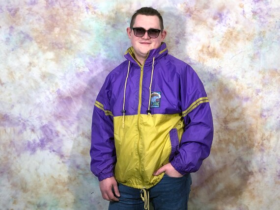 90's Vintage Men's Purple and Yellow Raincoat Jacket