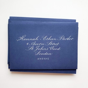 May include: A blue envelope with white calligraphy that reads "Hannah & Ethan Parker, 4 Acorn Street, St Johns Wood, London, NW8 6HS".