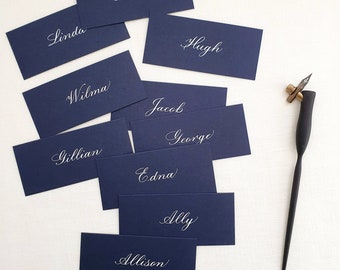 Navy Blue Place Cards - Calligraphy Wedding Place Name -  Handwritten Name Cards