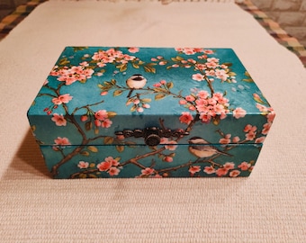 Cherry Blossom Box Flower Box Jewelry Storage Box Decoupage Box Sakura Decor Bird Decor Box Memory Box Unique Gift Handmade Box