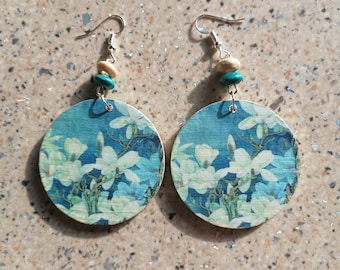 Blue Flower Earrings Boho Earrings Handmade Earrings White Flower Earrings Blue Earrings Dangle Earrings Unique Gift Decoupage Earrings