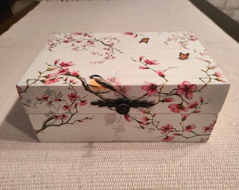 Cherry Blossom Box Flower Box Jewelry Storage Box Decoupage Box Sakura Decor Bird Decor Box Memory Box Unique Gift Handmade Box