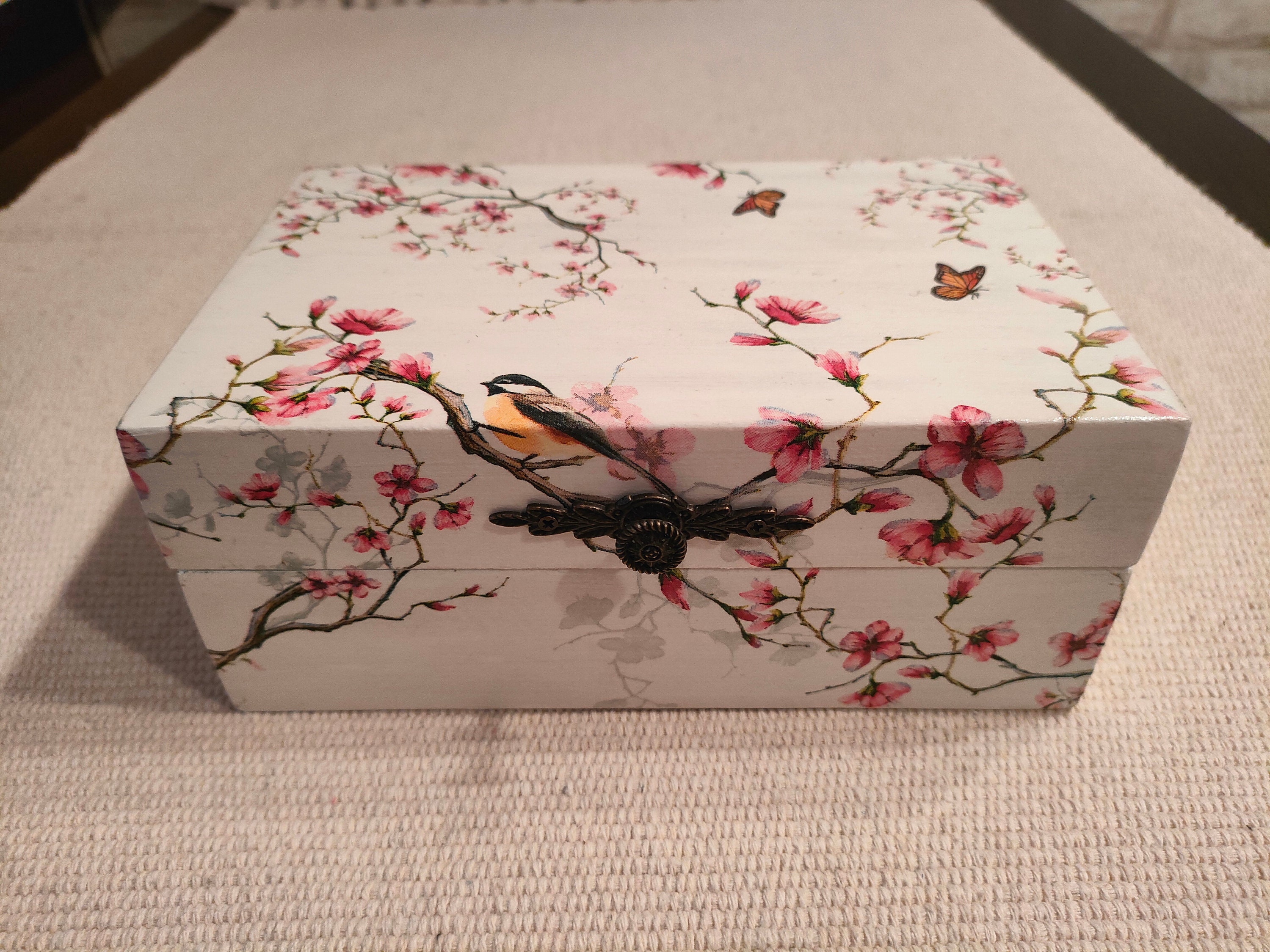 Cherry Blossom Box Flower Box Jewelry Storage Box Decoupage Box Sakura Decor Bird Decor Box Memory Box Unique Gift Handmade Box Etsy