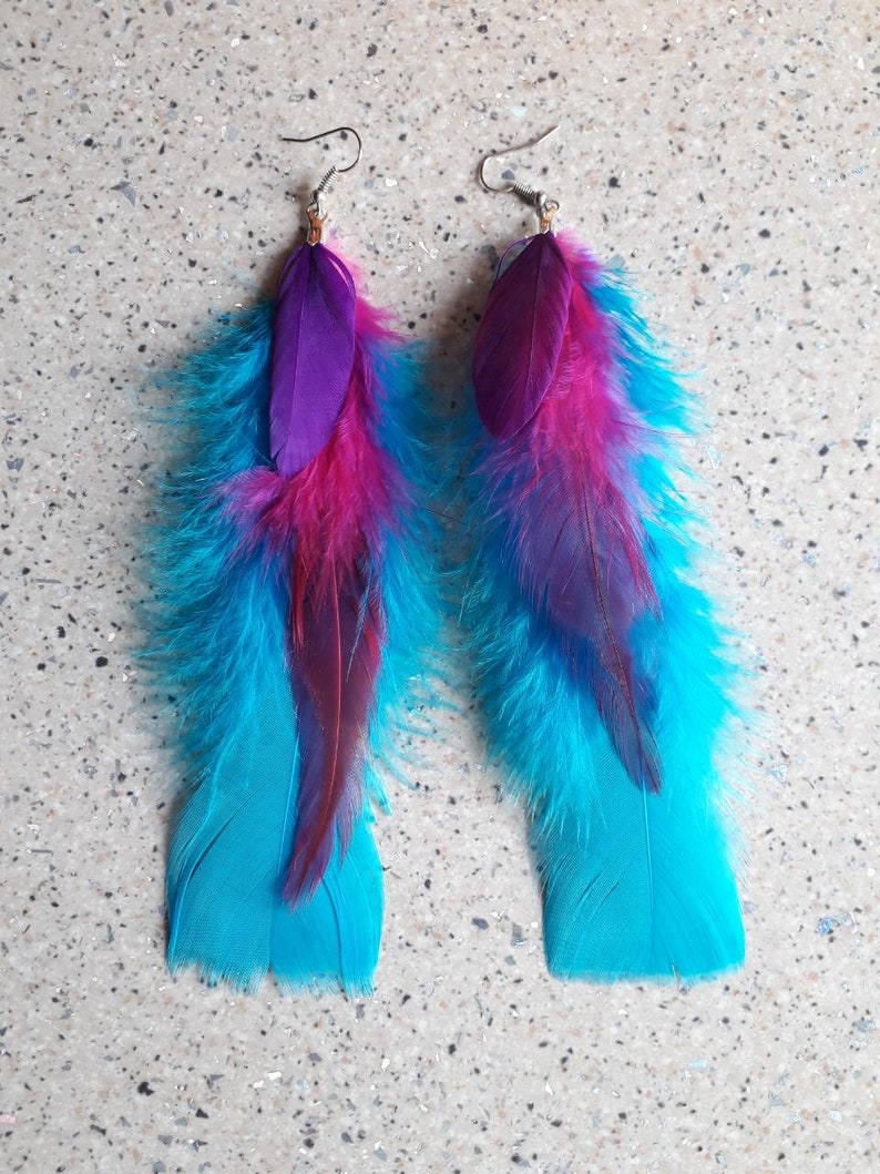 Blue Feather Earrings Long Feather Earrings Feather Jewelry Real Feathers Natural Feathers Boho Earrings Bohemian Earrings Boho Jewelry