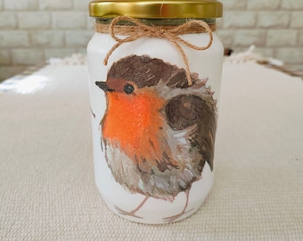 Robin Decor Robin Jar Robin Home Decor Handmade Decoupage Jar Decorative Jar Coffee Jar Tea Jar Kitchen Decor Gift for Bird Lovers